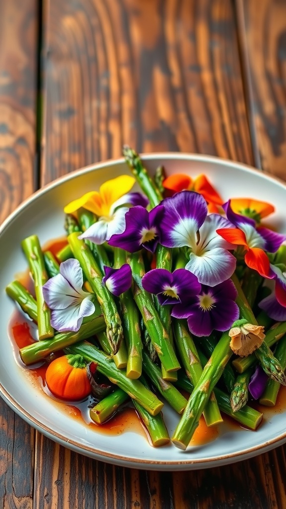 Stir-fried asparagus and edible flowers in a colorful dish, garnished with sesame seeds on a rustic table.